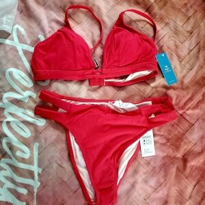 Cupshe Bold Red Double-Strap Triangle Bikini Set